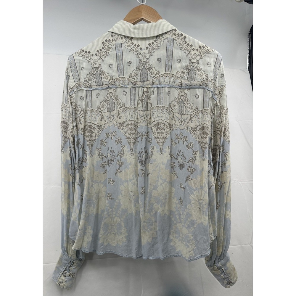 Free‎ People Virgo Baby Button Down Long Sleeve Floral Blue Stripes Boho Medium - Picture 5 of 10